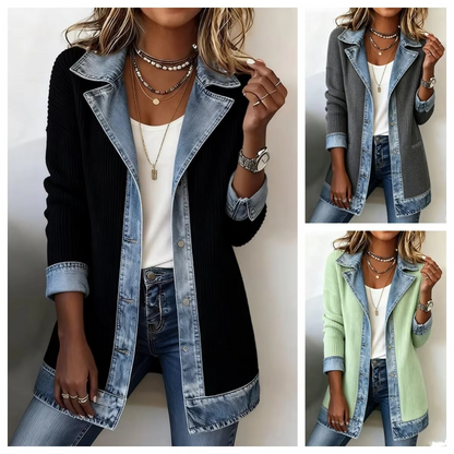 Vintage Denim-Trim Knit Jacket