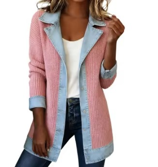 Vintage Denim-Trim Knit Jacket