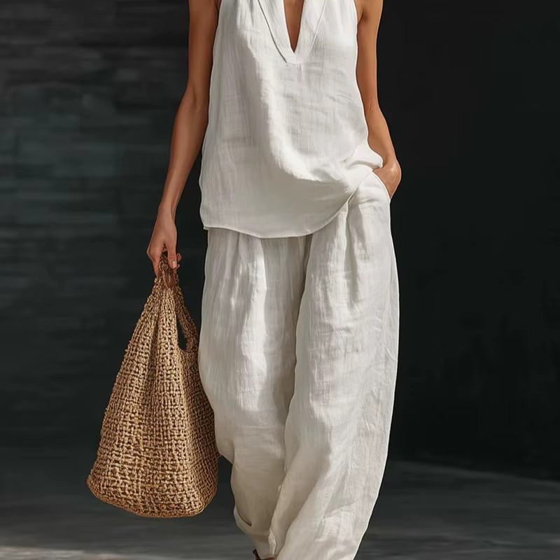 Elegant V-Neck Linen Set