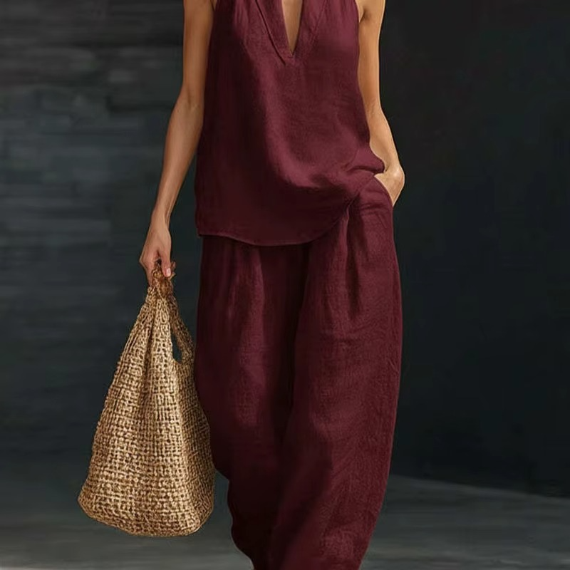 Elegant V-Neck Linen Set