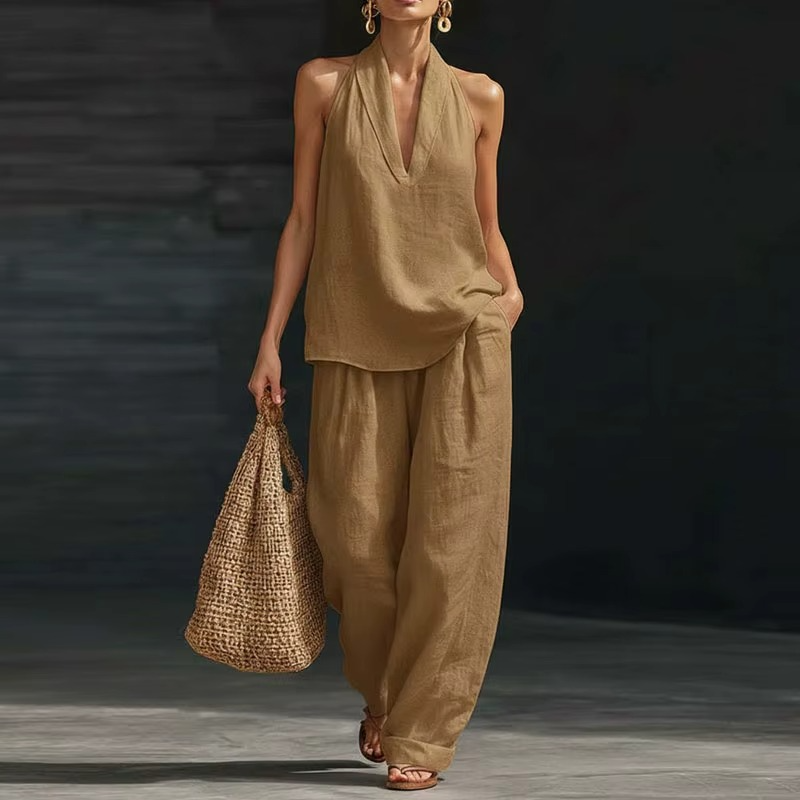 Elegant V-Neck Linen Set