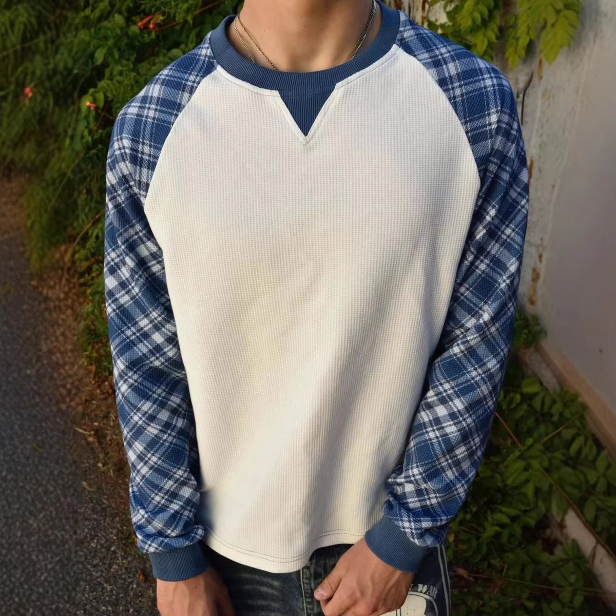 Unisex Waffle Plaid Raglan Long Sleeve