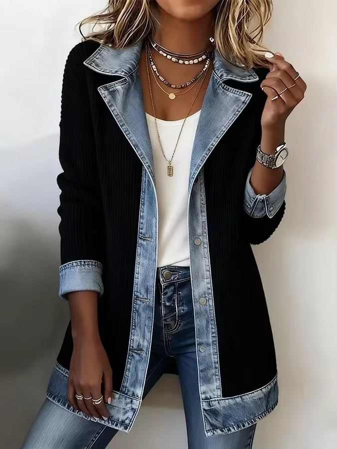 Vintage Denim-Trim Knit Jacket