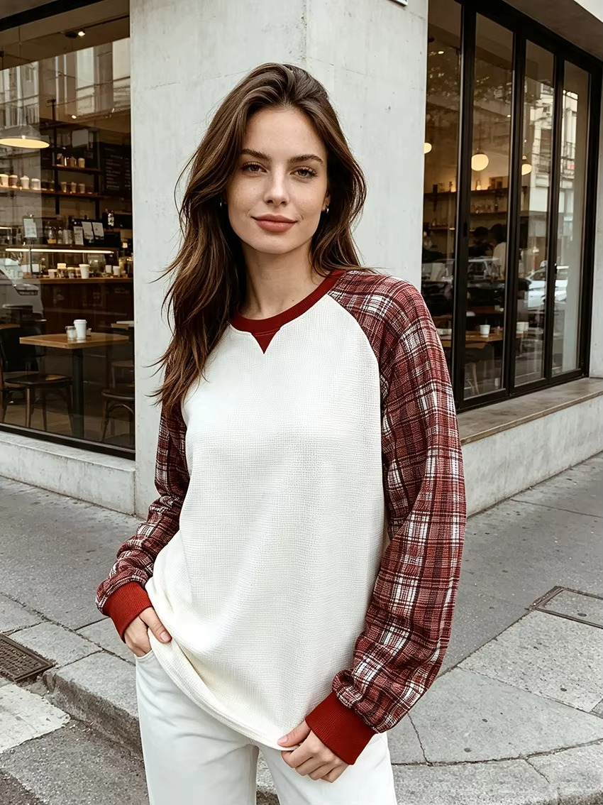 Unisex Waffle Plaid Raglan Long Sleeve